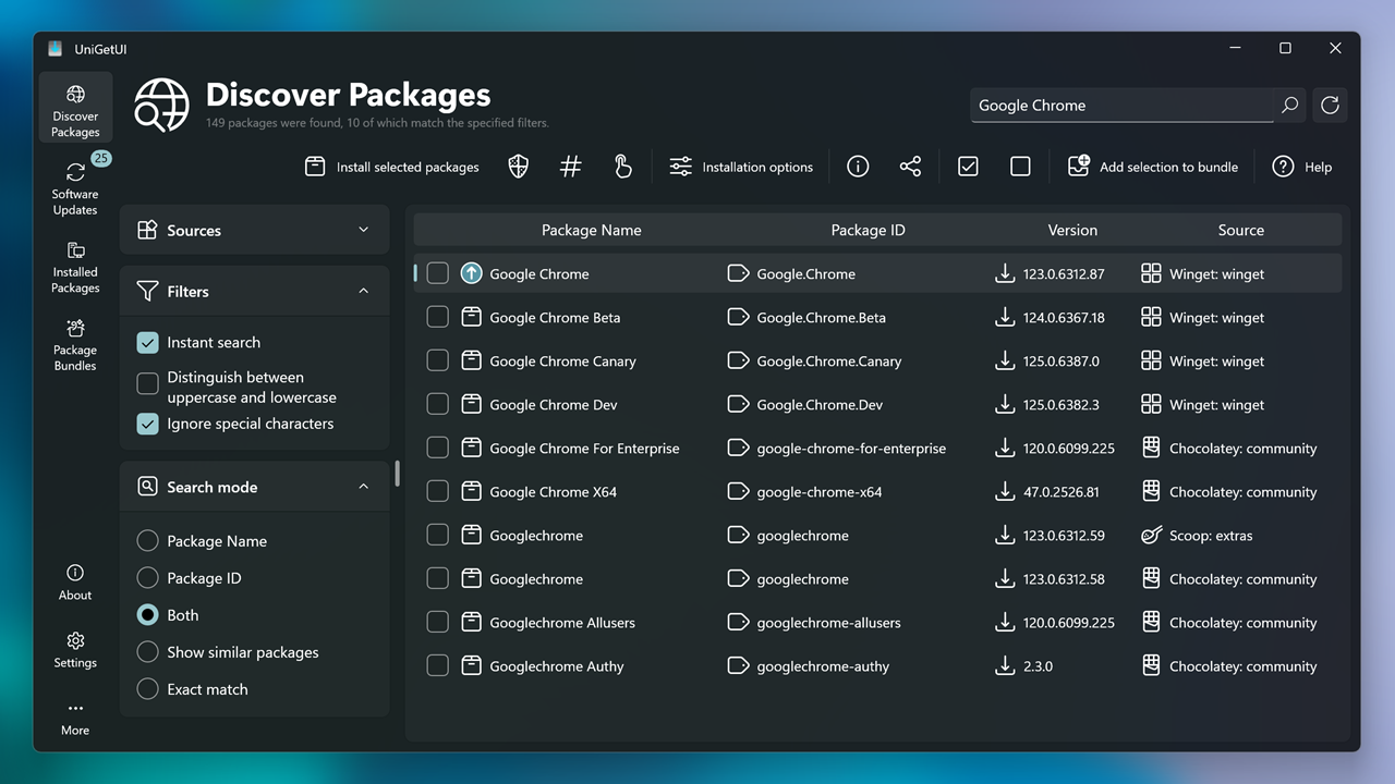 UniGetUI discover packages interface in dark theme