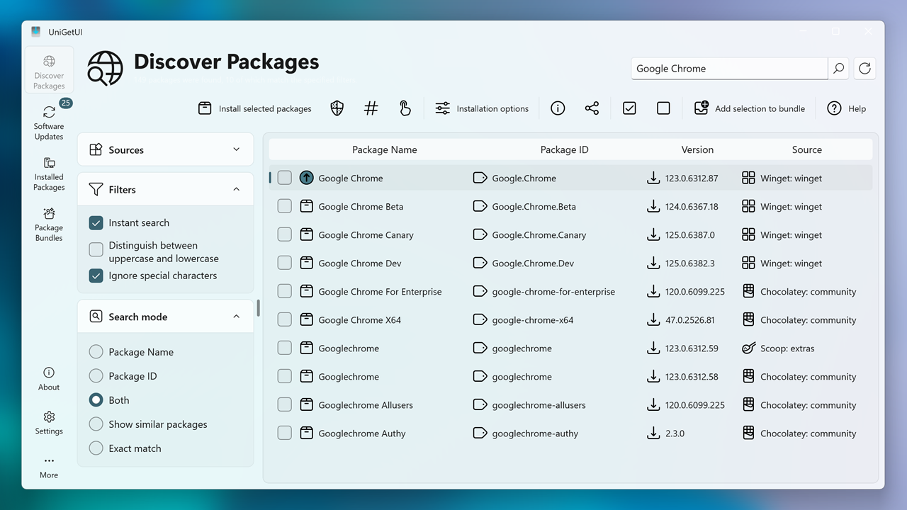 UniGetUI discover packages interface in light theme