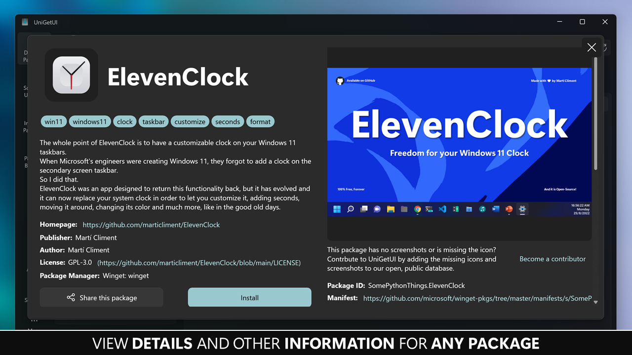 UniGetUI package details and installation options