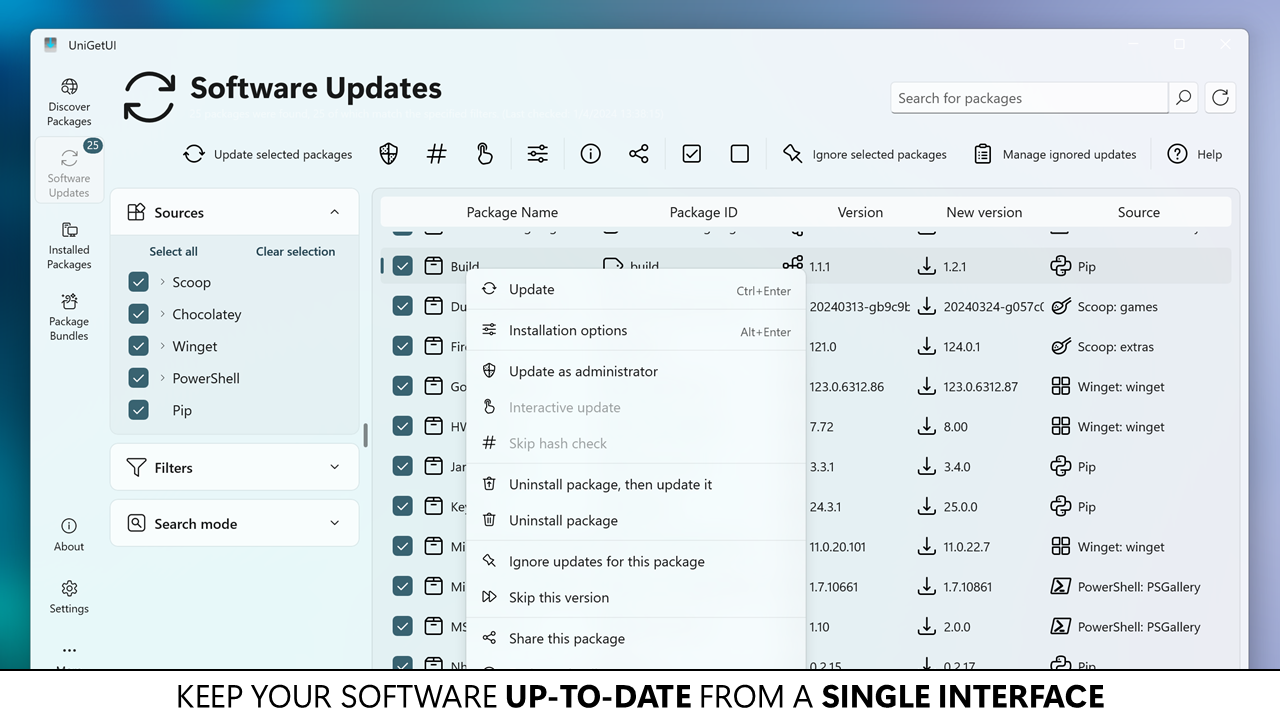 UniGetUI software updates tab showing available updates
