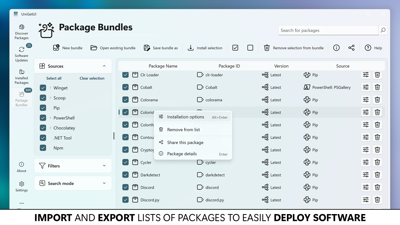 UniGetUI package bundles for batch operations